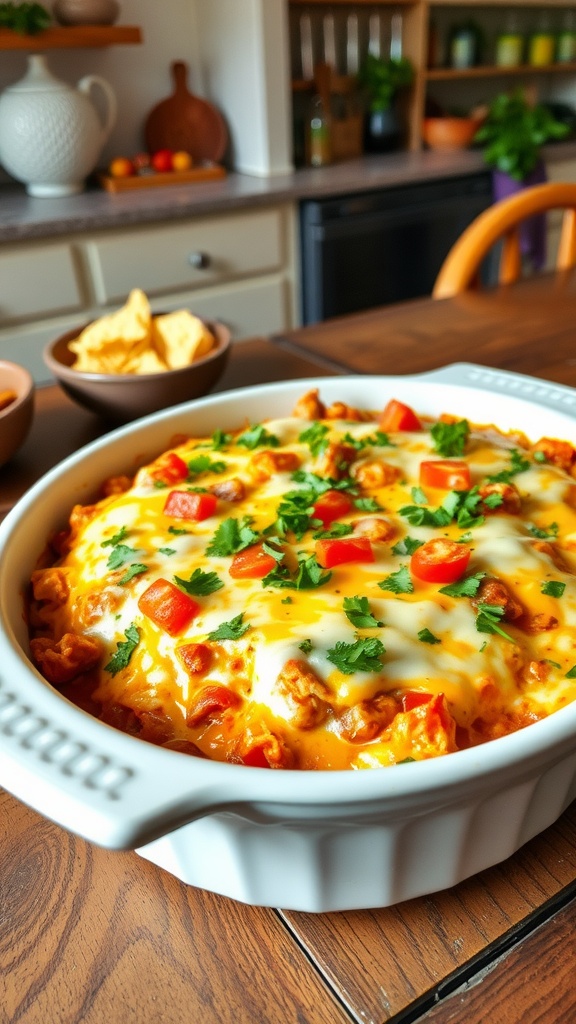 Spicy Fiesta Chicken Casserole Recipe A delicious fiesta chicken casserole with melted cheese, black beans, corn, and bell peppers in a ceramic dish, garnished with cilantro.